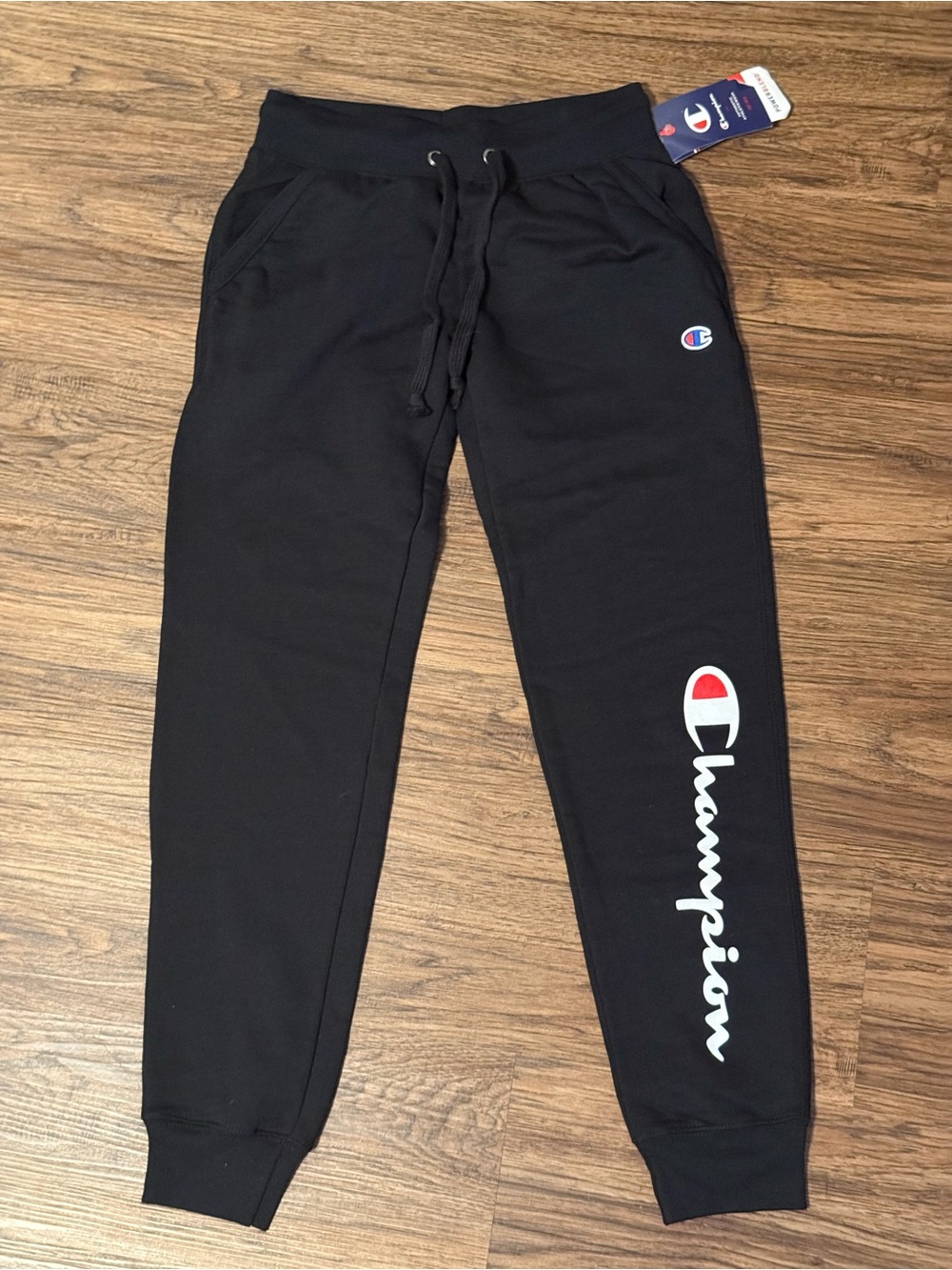 Champion Men’s Black Joggers with White Logo Script on Left Leg in Size XS - NWT